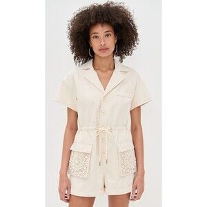 Line And Dot Romper Womens Size Medium Cream Boho Shortalls Short Sleeve NWT